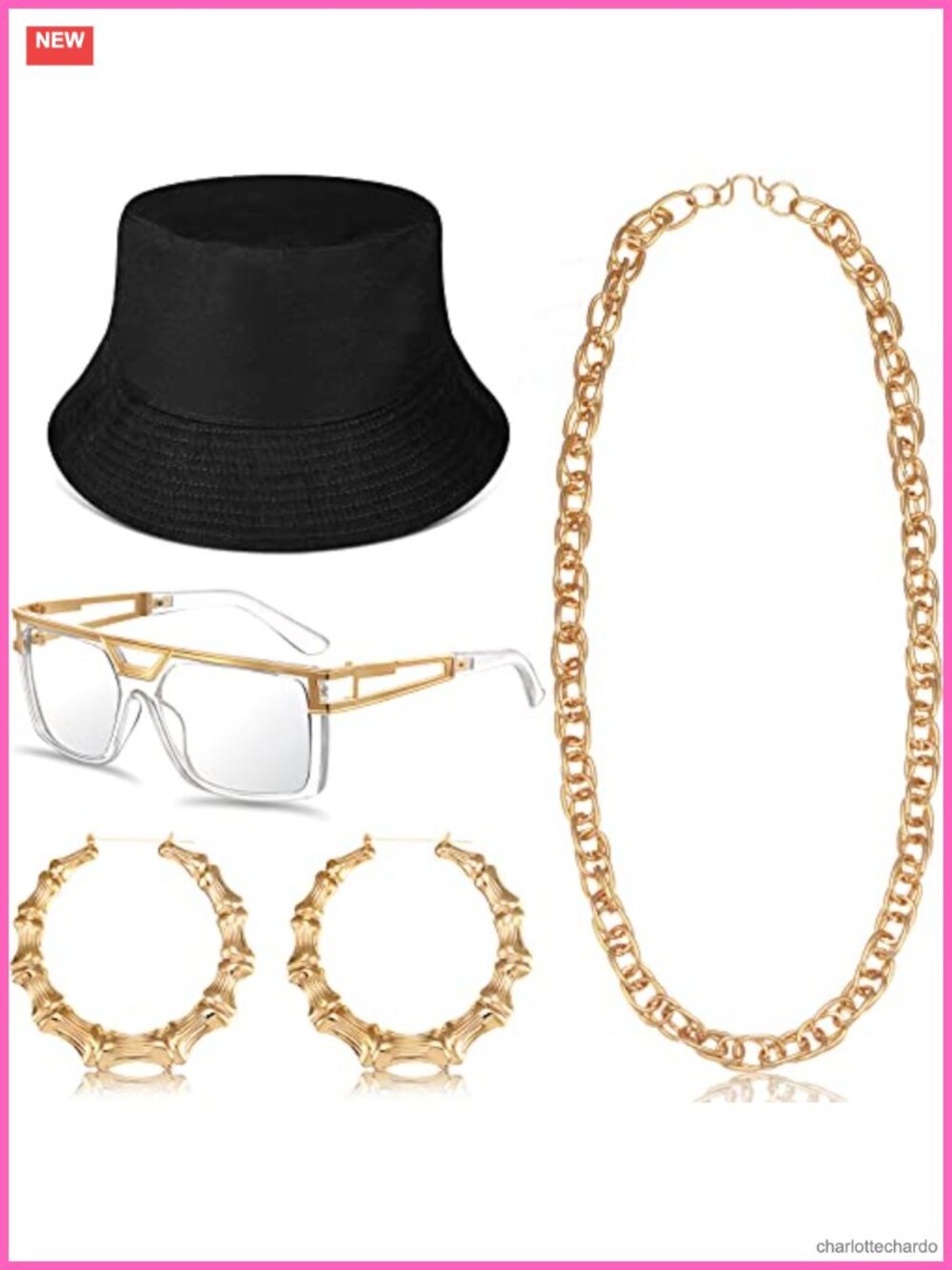 80s 90s Hip Hop Costume Accessory Set Gold Plated Earrings Chain Hat Glasses